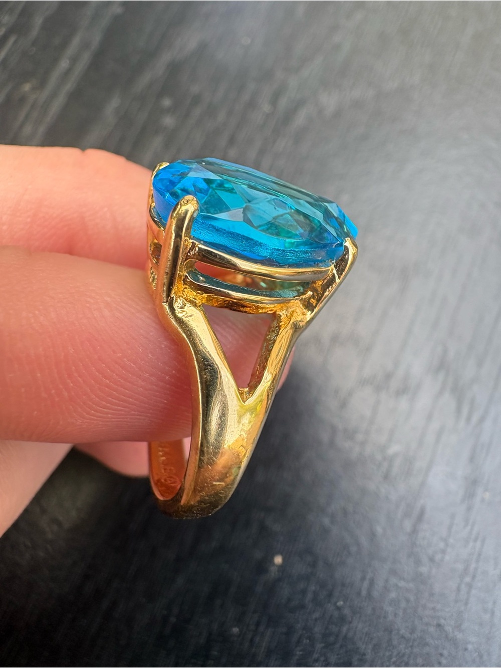 18k Gold Electroplated Ring with Blue Gemstone - Size 4.75 - Picture 6 of 13